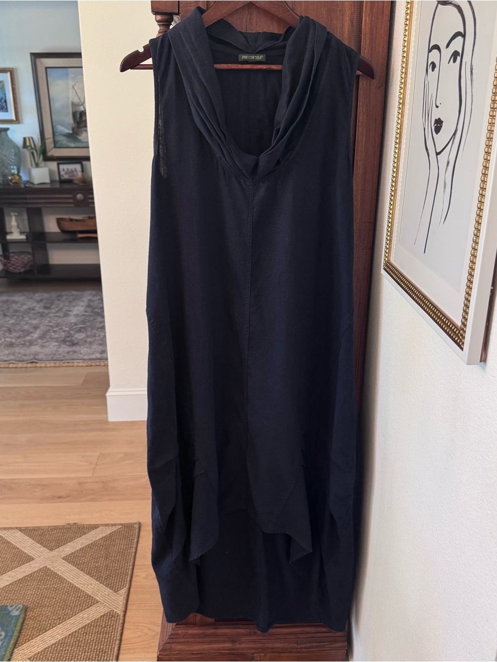 For Cynthia Women's Large Dress Navy Linen Blend Cowl neck Collar Maxi High/Low